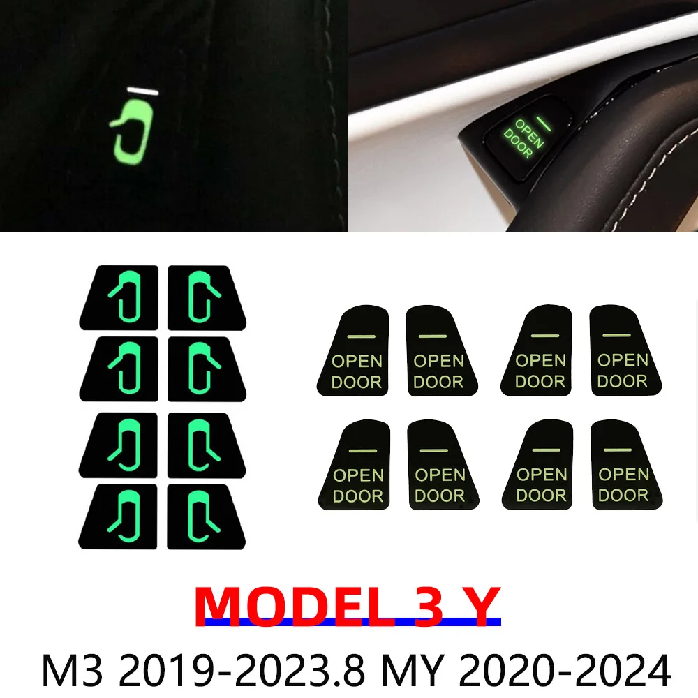 Luminous Open Door Button Stickers For Tesla Model 3 Y 2023 Armrest Window Lift Button Switch Light Cover Reminder Accessories