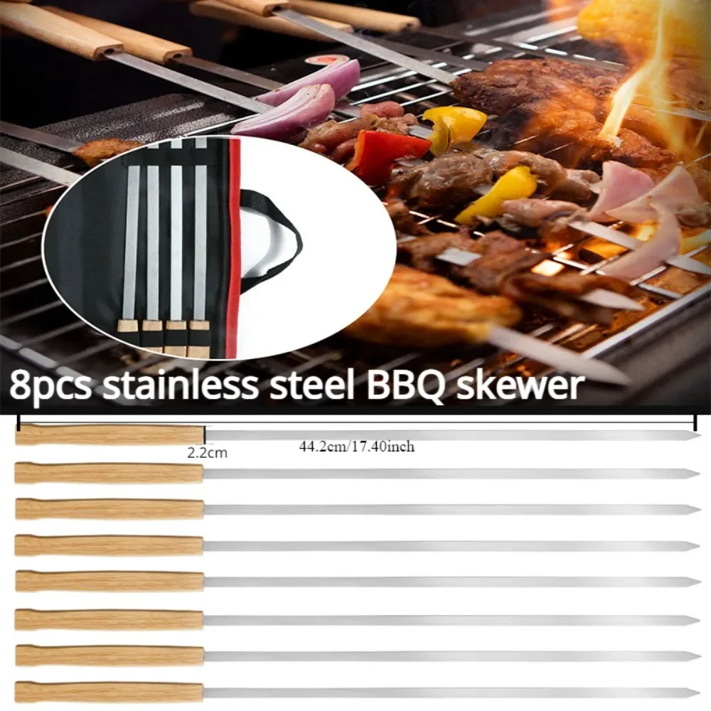 8PCS/Set Stainless Steel Wire BBQ Skewers Wood Handle Grill Roasting Sticks Outdoor Camping BBQ Tools Storage Bag Cook Supplies