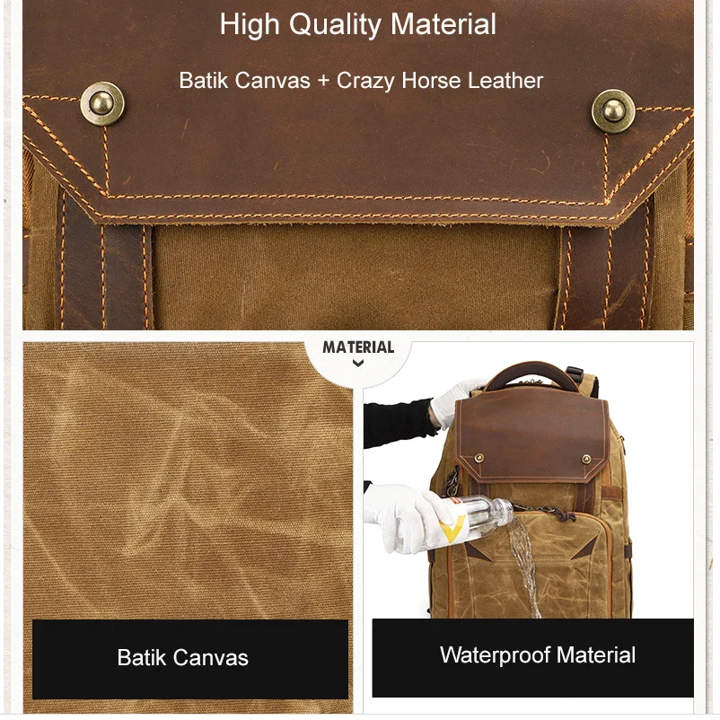 Camera Bag Waterproof Retro Batik Canvas Leather Backpack w USB Port fit 15.4inch Laptop Men Photography Bags Travel Carry Case