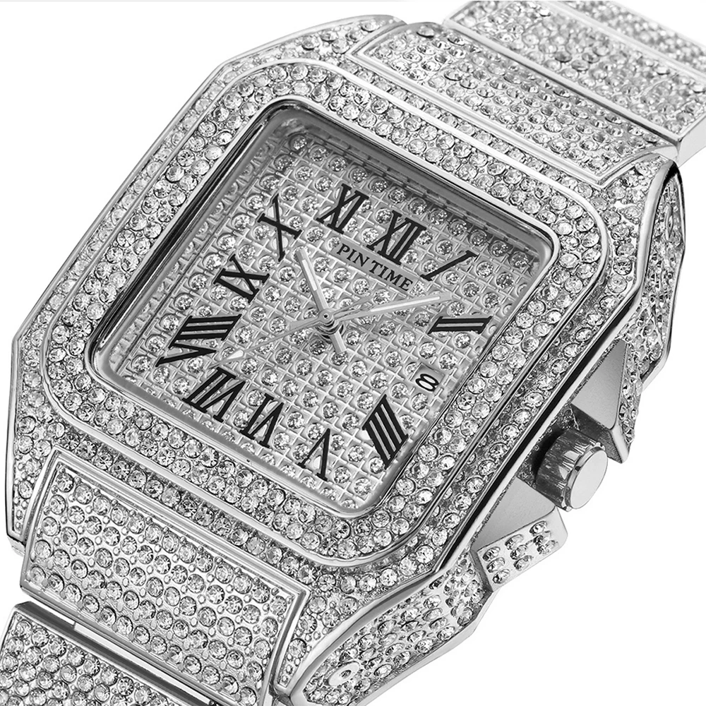 Hip Hop Watch for Men Bling Iced Out Diamond Square Quartz Wristwatch Waterproof 30m Calendar Clock Stainless Steel Montre Homme