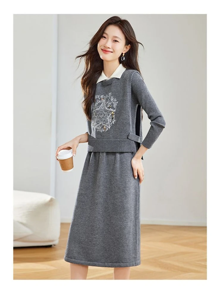 

Осень 2021, новый дизайн во французском стиле, утягивающий комплект из двух предметов, женское платье с воротником с лацканами + жаккардовый жилет, элегантный комплект