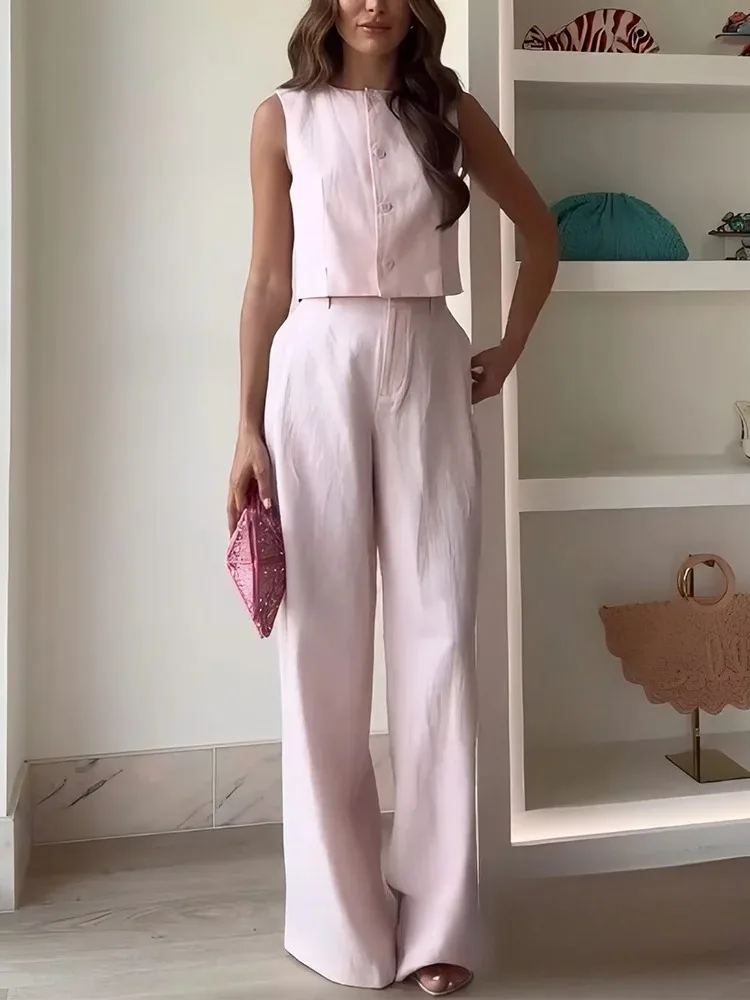 KONDALA Casual Büro Dame Chic Rosa Frauen Anzug Solide Oansatz Tasten Weste Gerade Lose Hosen Mode 2025, Frühling Sommer Set