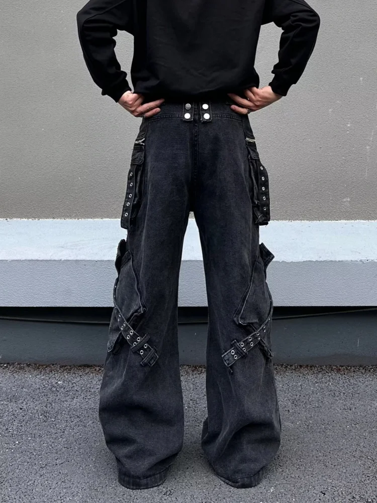 2025 Ropa Y2K الجرونج غسلها الأسود سستة تصميم فضفاض البضائع الجينز السراويل للرجال ملابس الشارع الشهير السراويل الطويلة Pantalon Hombre