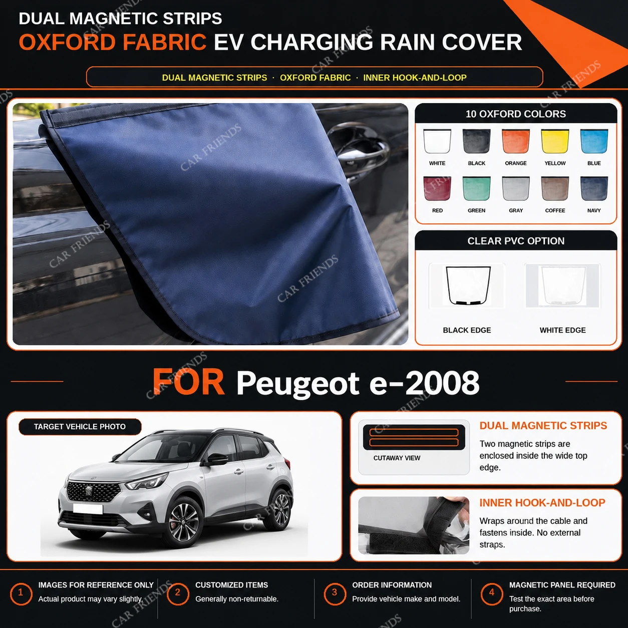 For Peugeot e-2008 Oxford Fabric EV Charging Port Rain Cover with Dual Magnetic Strips Water-Repellent Outdoor Charging