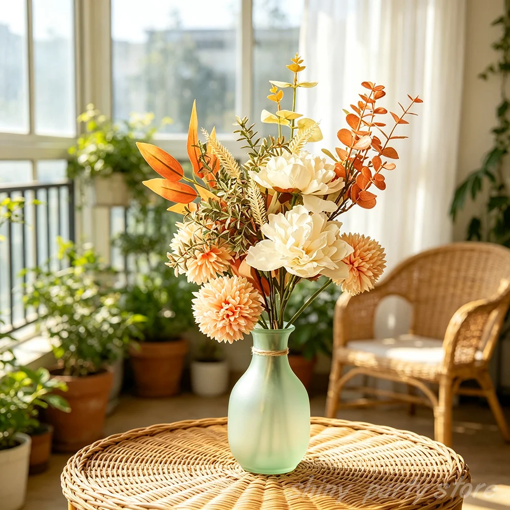 Künstlicher Herbstblumenstrauß 44cm, gemischte Pfingstrosen, Gänseblümchen, Eukalyptus, Kunstblumenarrangement für Wohnzimmertisch, Vase, Heimdekoration