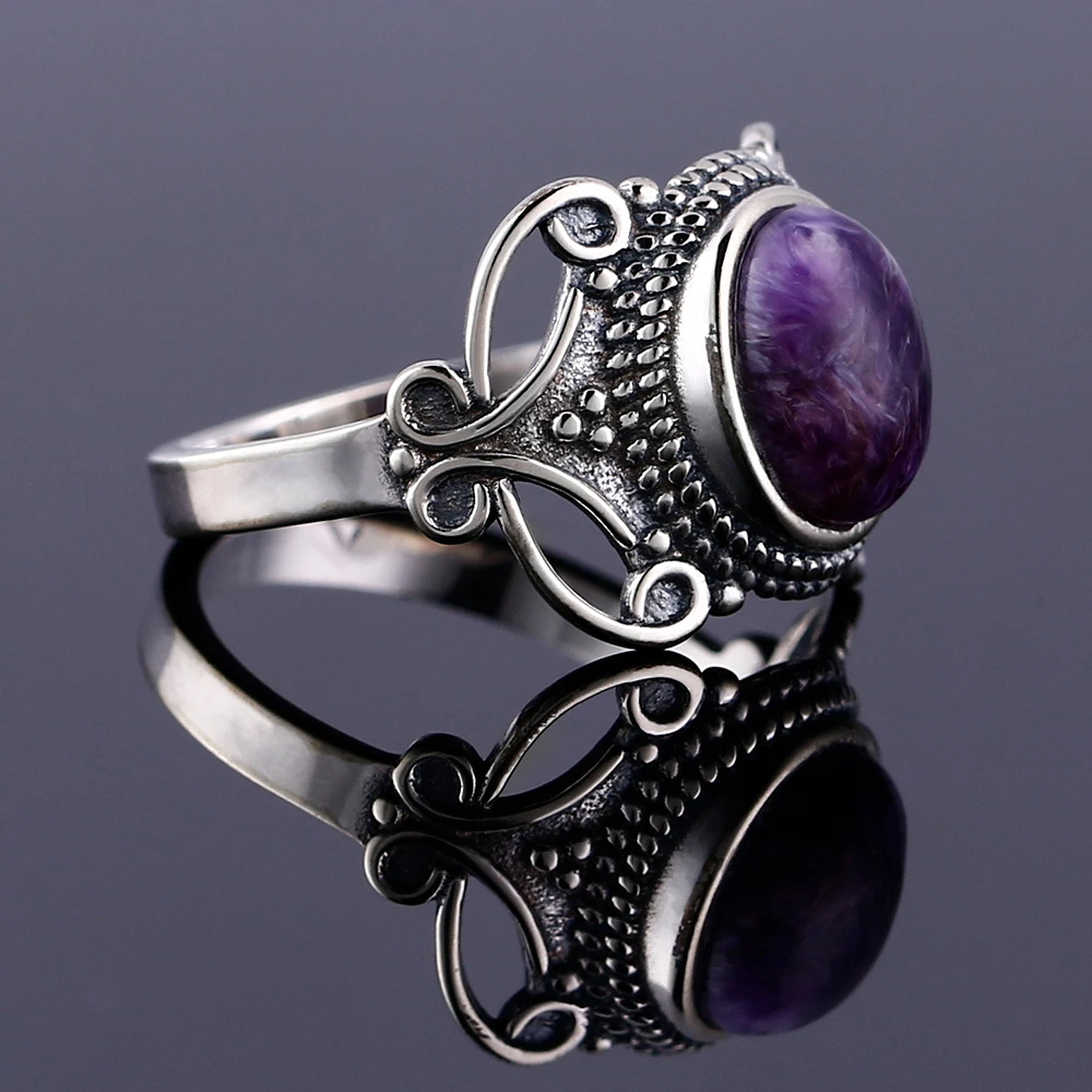 Nasiya Bohemia Style 8x10MM Oval Purple Charoite Rings For Women Silver Color Ring Fine Jewelry For Anniversary Party Gift