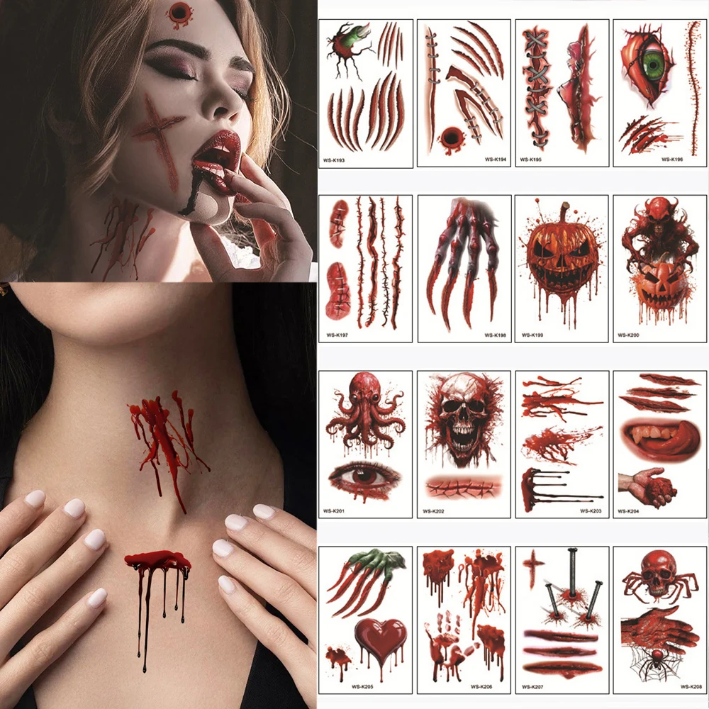 

16Pcs Realistic Halloween Tattoo Stickers Waterproof Temporary Tattoos for Men Women Bleeding Wound Scar Fake Tattoo Body Makeup