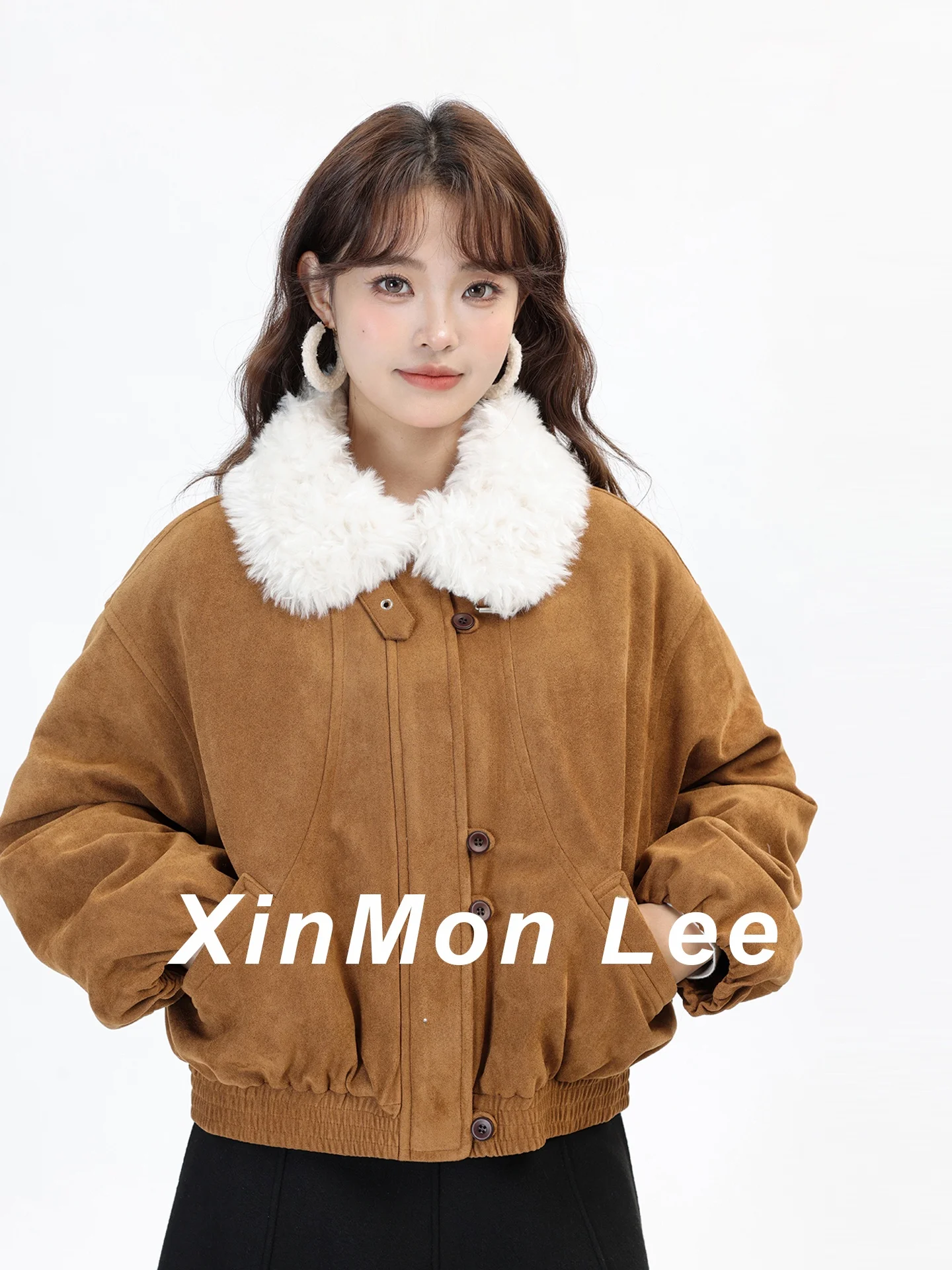 

Korean Sle ort Suede Jaet with Fur Collar Quilted Winter Coat Warm Versatile Women's Faion Stand Fit Bunting Design