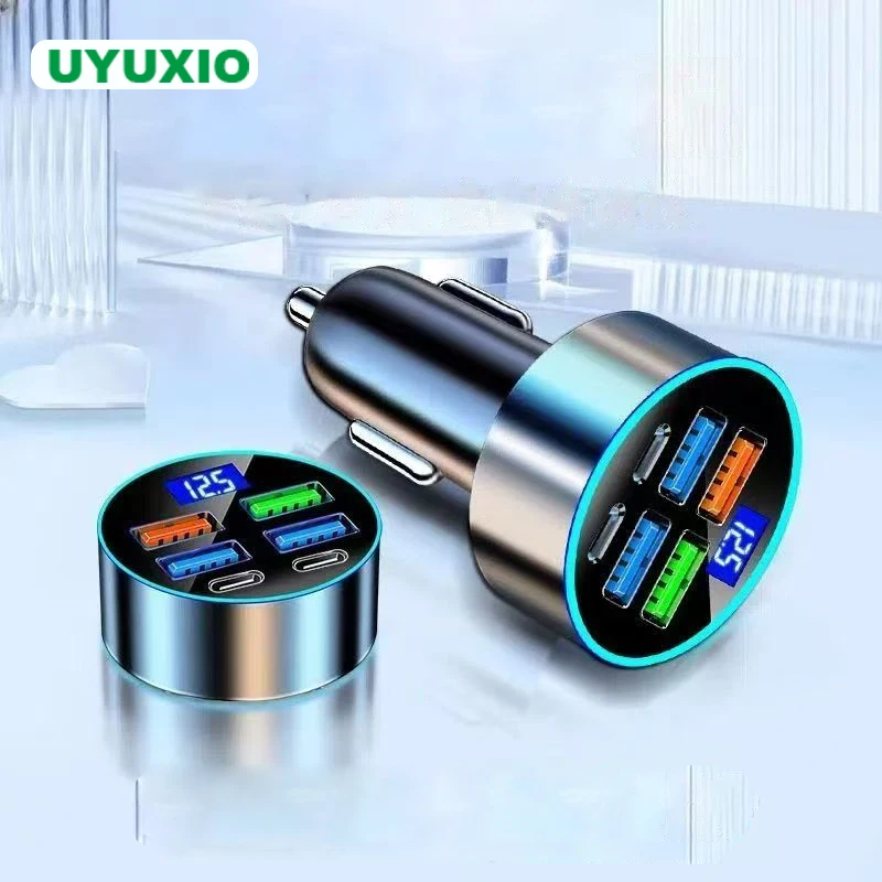 UYUXIO 6-in-1-Multi-Port-USB-C-Autoladegerät-Adapter mit Voltmeter, schnelles Aufladen mit Spannungsanzeige für iPhone 17 16 Samsung