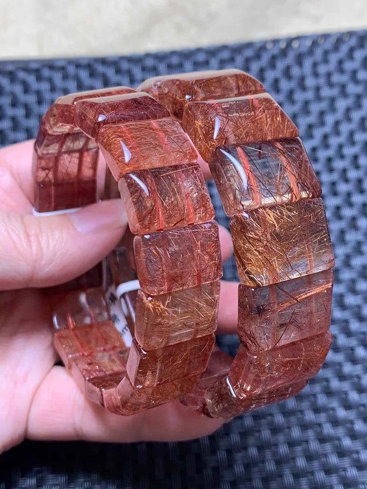 

Natural Copper Rutilated Quartz Beads Bracelet Clear Rectangle Beads 14x10mm Cat Eye Women Man Bracelet AAAAA