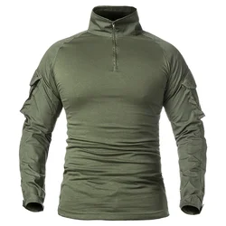 Men's Long Sleeve Combat Shirts 1/4 Zipper Ripstop Cotton Tactical Shirts Camo Tops Airsoft Paintball T Shirts Hunting Clothes