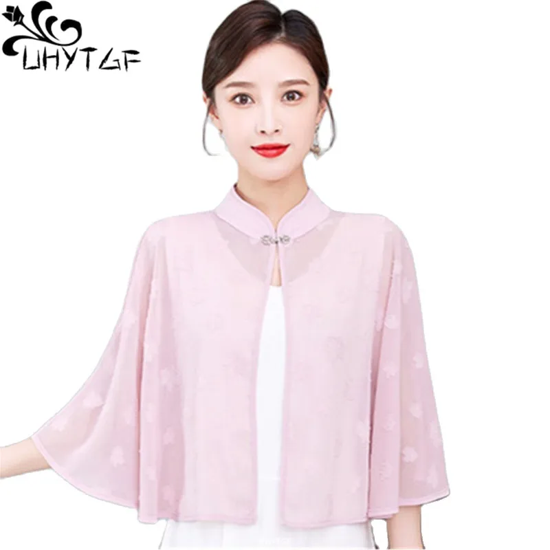 UHYTGF Fashion Women's Summer Jacket Chiffon Cape Shawl Thin Sun Protection Clothing Hollow Lace Short Tops Cardigan Female 1761