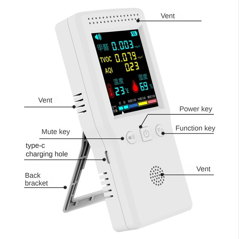 Co2 Meters Air Quality Detector Air Quality Detector PM2.5 PM10 HCHO TVOC CO2 With Backlight LCD Color Display