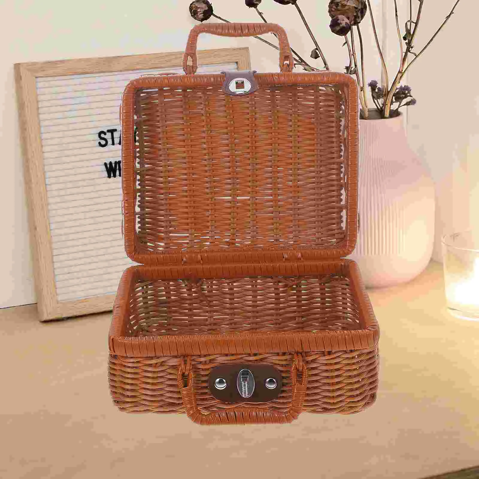 

Imitation Rattan Box Retro Storage Case Bins Suitcases Mini Decorative Style Plastic Handwoven Office Hamper