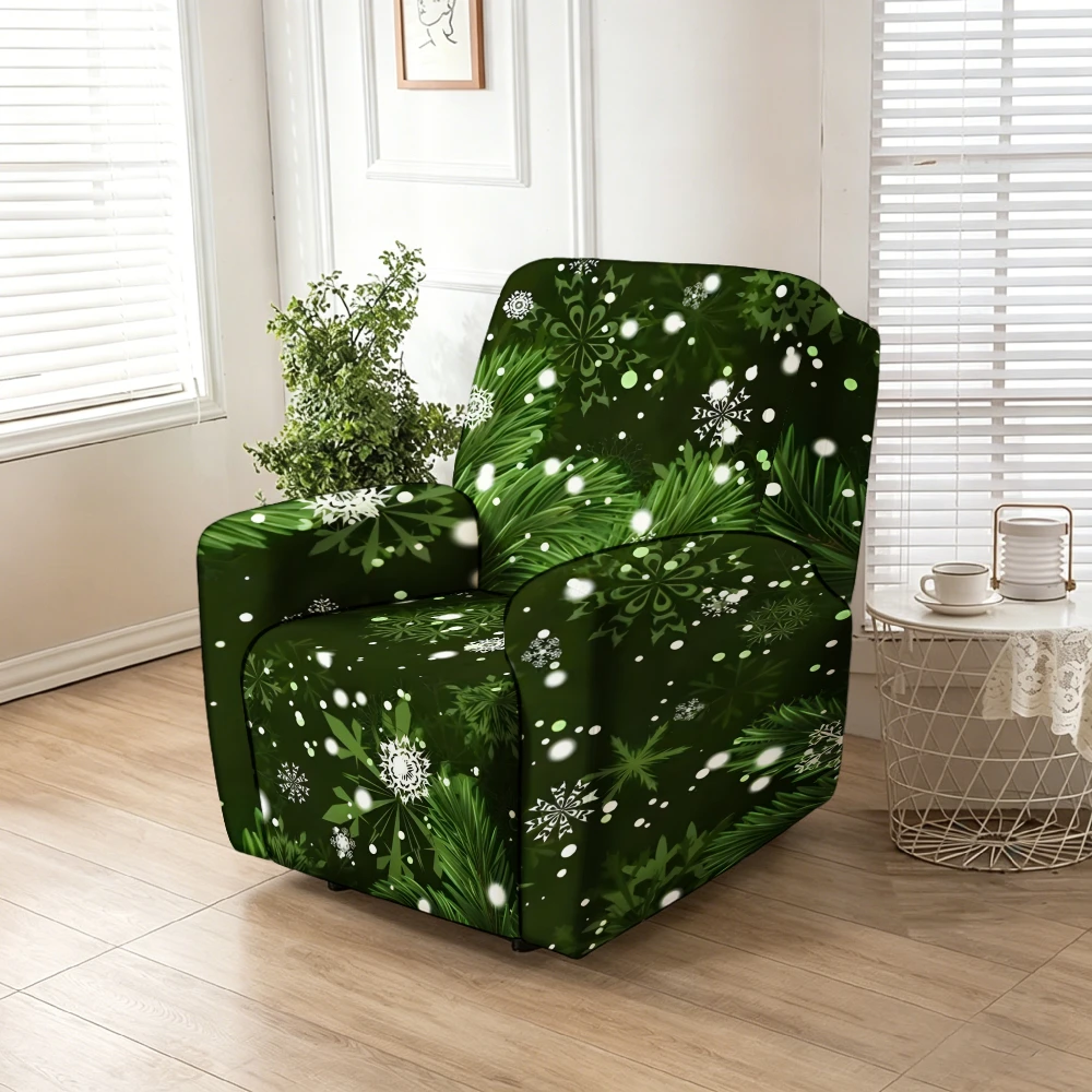 Dark Green Pine Needle Snowflake Falling Snow Print Stretch Recliner Chair Cover,  for Rustic Farmhouse Xmas Living Room Decor