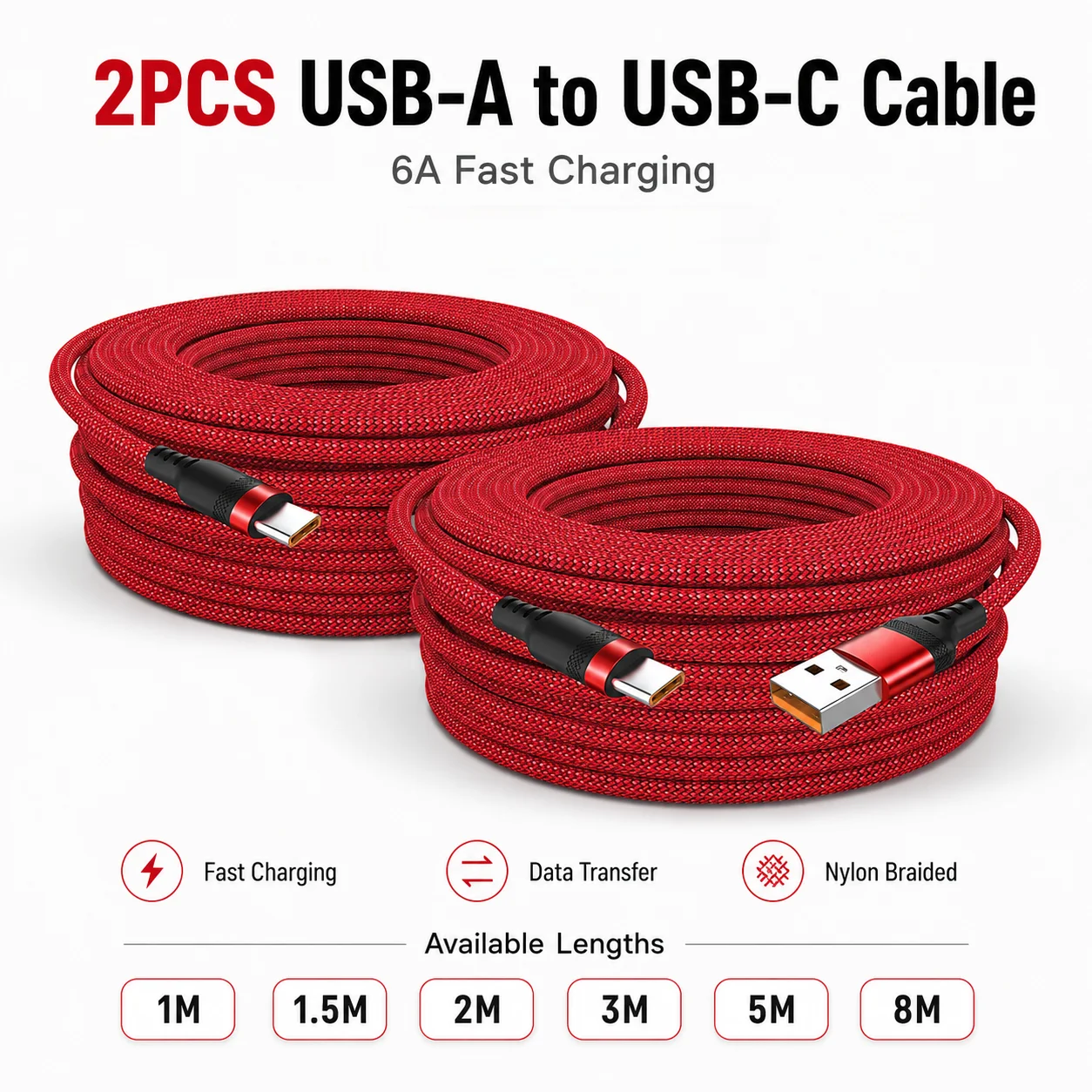 2 Stück 6A Typ-C Schnellladekabel, USB-A zu USB-C Extra Langes Nylon-Geflecht Lade- und Datenkabel 3M 5M 8M für Xiaomi Vivo Huawei