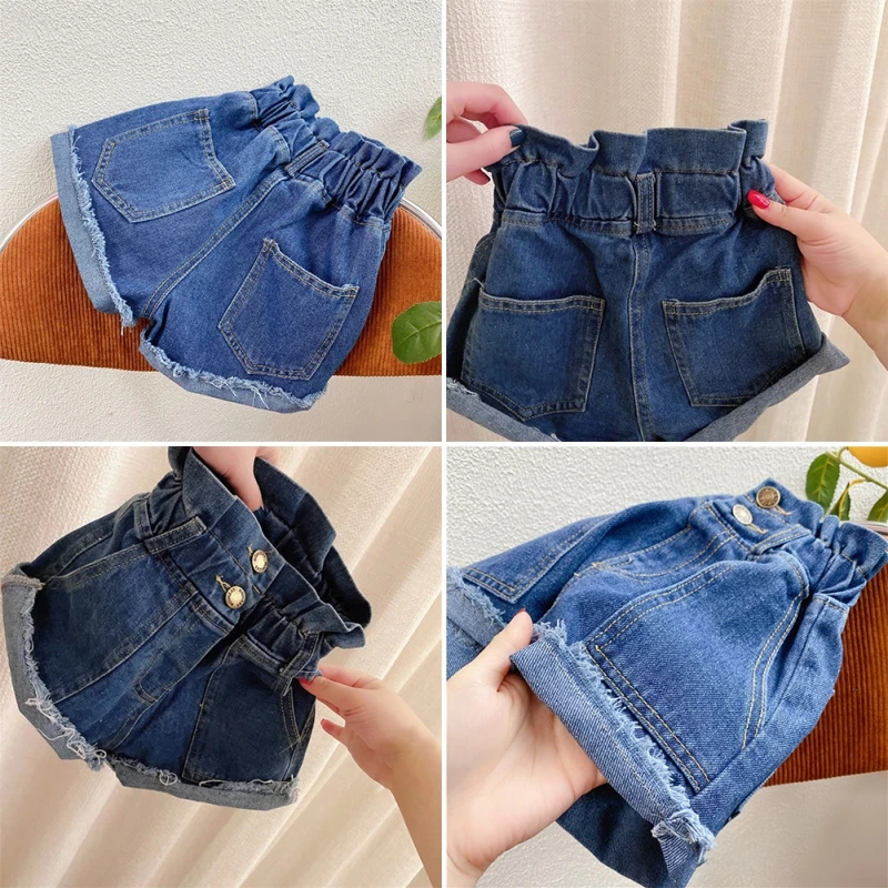 2-8Y Summer Girls Fashioin Jeans Denim Shorts New Kids Girls High-Waisted Shorts Children Wide Leg Flower Bud Denim Casual Short