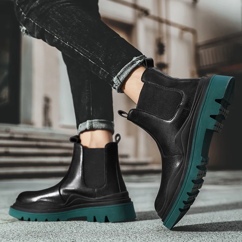 

Winter Boots Plus Velvet Green Sole Chelsea Boots Formal Leather Boots Mens Platform Thick Bottom Genuine Leather Ankle Boots