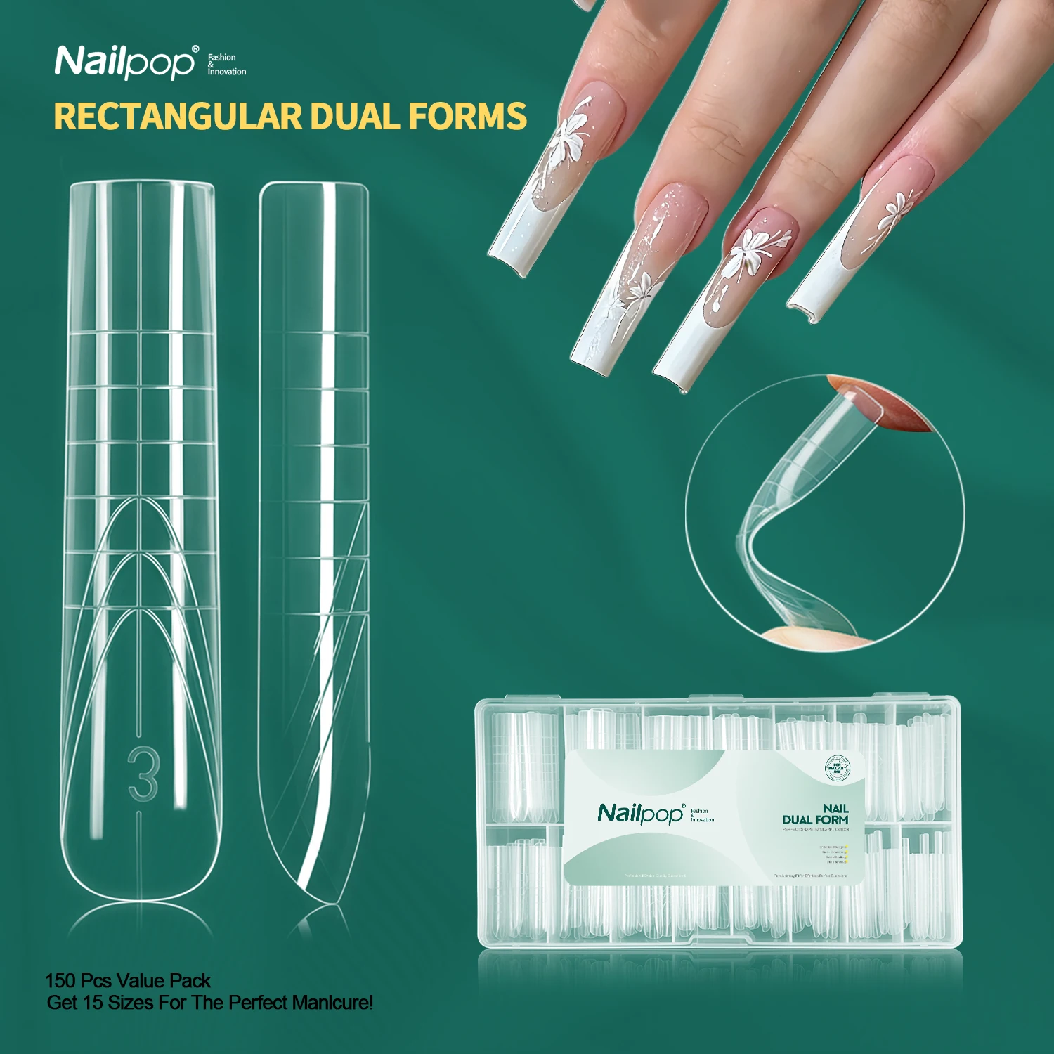 

Nailpop Rectangular Dual Forms Tips 15 Sizes Professional Salon Standard PP Material Reusable Easy Application Salon DIY 150pcs
