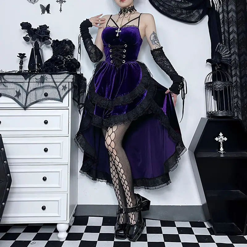 Donkere Halloween Gothic Ceinted Close Cross Backless Jurk Sexy Jsk Lolita Trein Jurk Kort Aan De Voorkant En Lang Aan De Achterkant