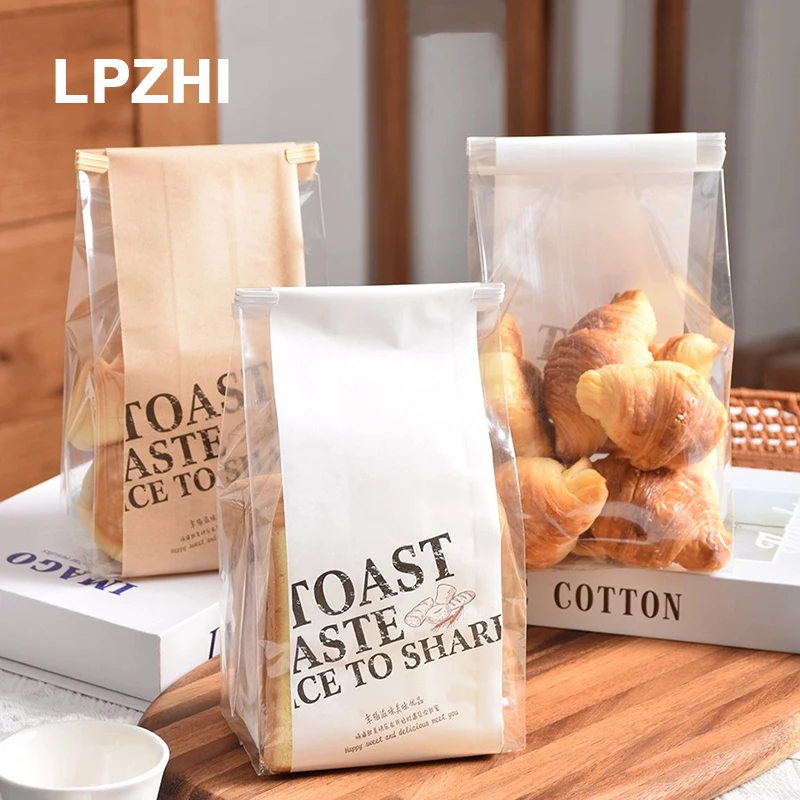 

LPZHI 100Pcs Kraft/White Bread Bags With Transparent Window Birthday Party Handmade Bakery Cake Takeaway Toast Packaging