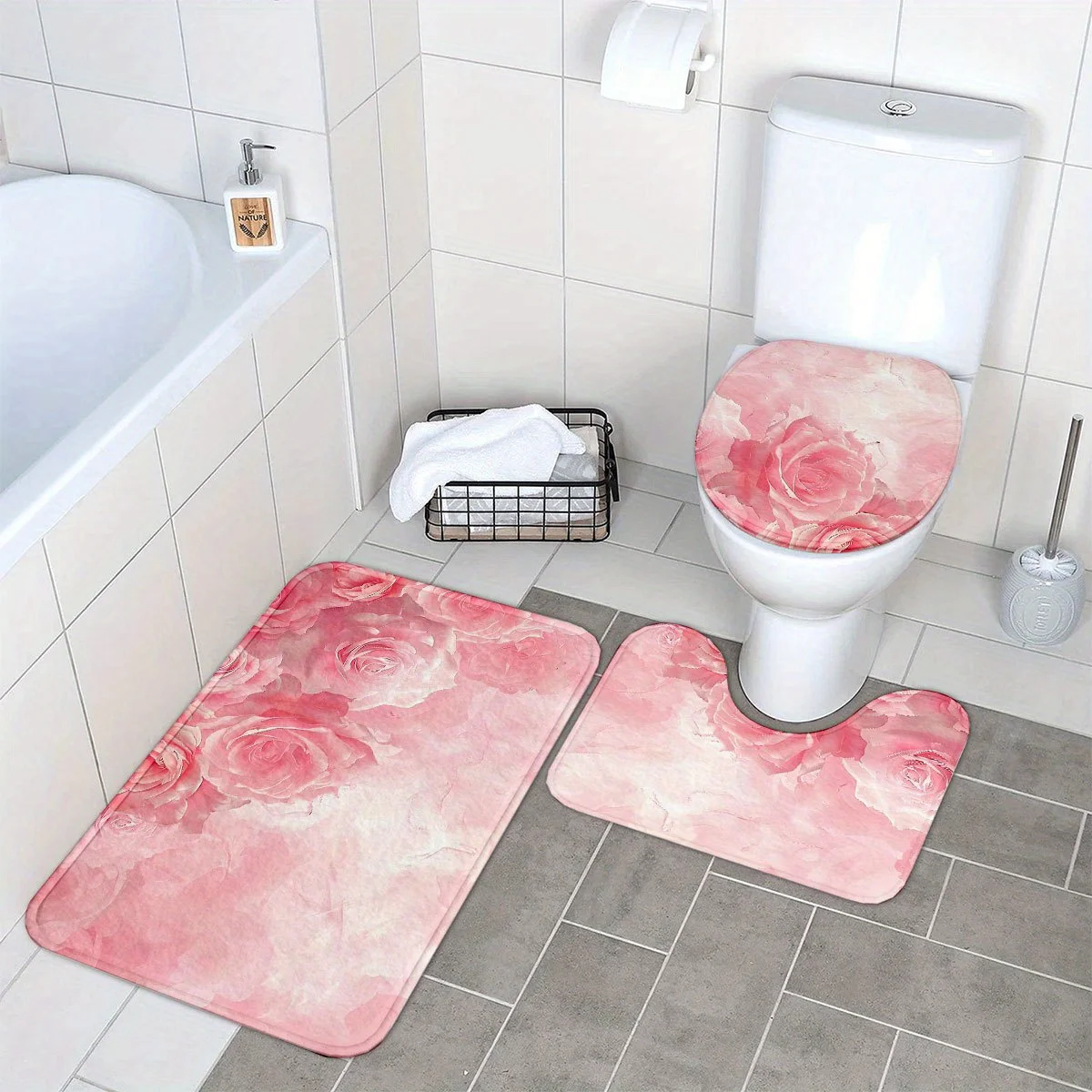 

3pc Romantic rose bathroom decoration, polyester fabric, machine washable, U-shaped mat, bathroom mat, toilet lid mat