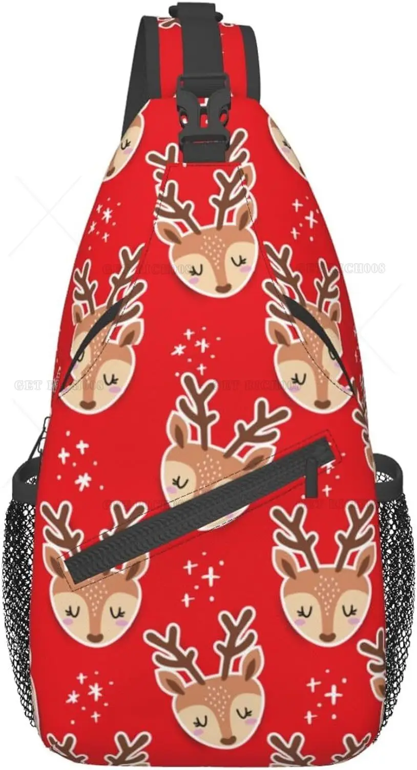 Reindeer Cartoon Christmas Deer Crossbody Sling Backpack Sling Bag Travel Hiking Xmas Chest Bag Daypack for Women Men Casual