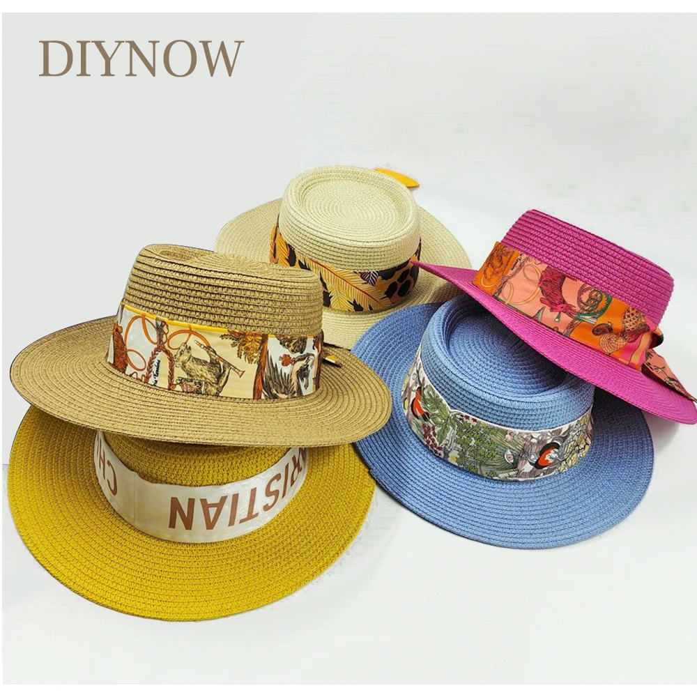 Summer Fashion Scarf Accessories Straw Hat Women\'s and Men\'s Sun Hat Flat Top Beach Hat Wide Eaves French Elegance Hat New