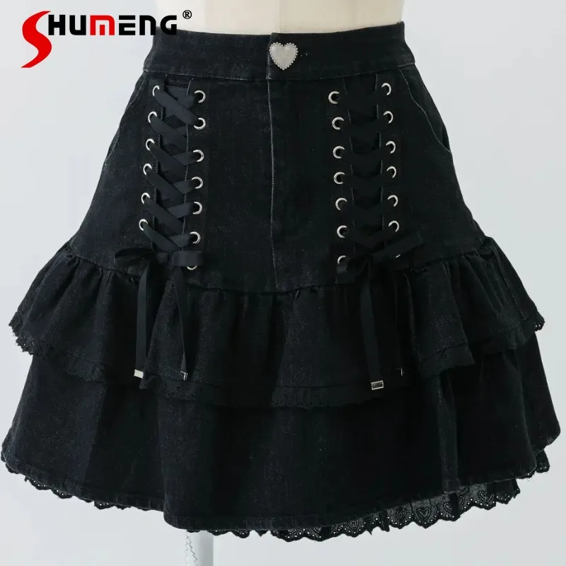 

Japanese Rojita Style Sweet Cute Solid Color Lace-up Bow Mini Skirt Heart Buckle Ruffled High Waist Short Skirts Vintage Clothes