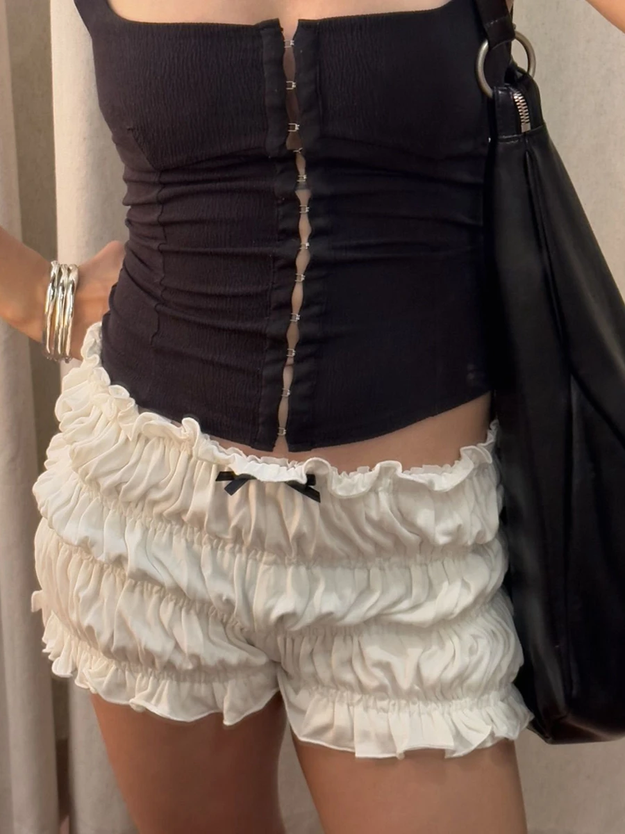 Damskie spodenki z falbanką Y2K śliczna kokardka niski wzrost mikro szorty seksowne plisowane wzburzyć Pettipants warstwowe Lolita Bloomers Booty Bottoms