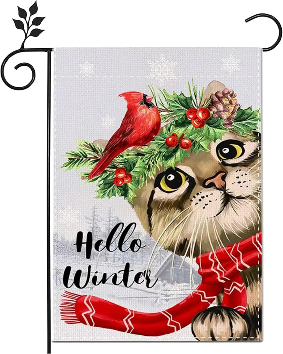 Hello Winter Cardinal Garden Flags,12x18 Double Sided Snow Cat and Bird Christmas Garden Flag for Outdoor Yard Decoration