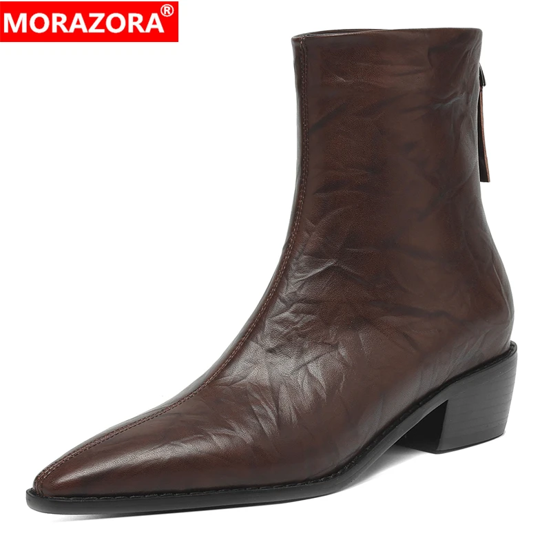 

MORAZORA Ins New Genuine Leather Boots Women Zipper Pointed Toe Autumn Winter Ankle Boots Fashion Office Dress Shoes