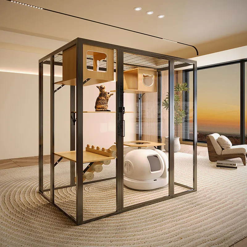 

Panoramic cat villa oversized household cage solid wood villa large indoor custom luxury glass cat room