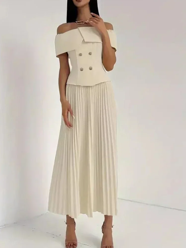 

Pop Fashion Two Piece Set Sexy Skirt Office Lady Two Piece Set Women Off-shoulder Tops And Pleated Long Skirt Matching Sets