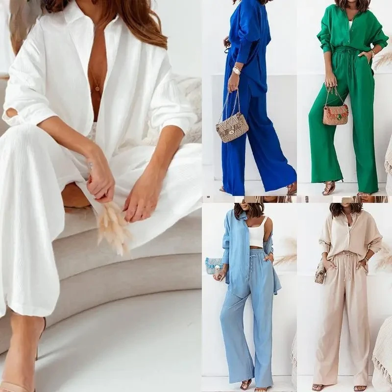 

2025 New Fashion Two Piece Set Women Pants Set Loose Office Lady Shirt White Wide Leg Pants Casual Business Suits Women Trousers