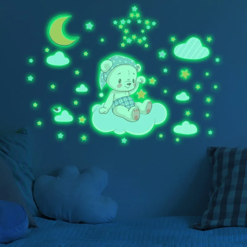 Cute Cartoon Bear Sitting On Cloud Luminous Wall Stickers Glow In The Dark Self Adhesive Wall Decals Kids Bedroom Wall Decor