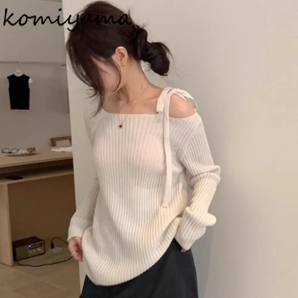 

Bandage Bow Ropa Mujer Off Shoulder Long Sleeve Sweater Autumn New Clothes Woman Korean Chic Pull Pure Desire Style Tops