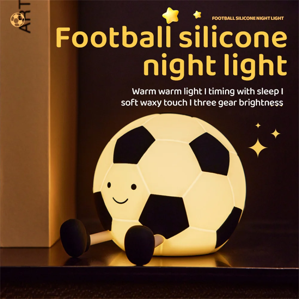 Silicone Football Night Light 3 Level Dimmable Cute Cartoon Soccer Lamp with Timer Rechargeable Nightlight for Kids' Bedroom Dec