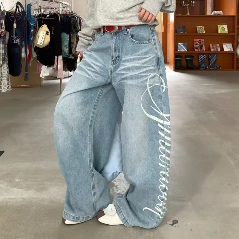 الأمريكية الرجعية واسعة الساق الجينز النساء خطابات طباعة Y2k الجينز الشارع الشهير السراويل الفضفاضة الهيب البوب الدنيم السراويل أزياء النساء الملابس