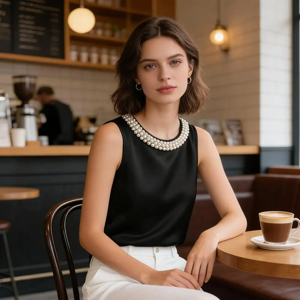 

Silky Vest Women’s Silky Satin Vest Top with Faux Pearl Collar Loose Fit Summer Blouse Formal Semi-formal Elegant Wear Faux
