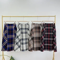 Kuzuwata Moda Elegant High Waist Vintage Skirt Slim Fit Plaid Mid-length Zip Mujer Faldas Japan A-line Casual Temperament Faldas