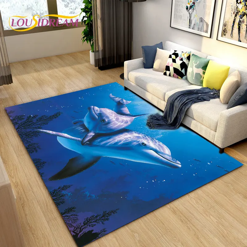 3D Underwater World Sea Turtle Dolphin Area Rug Large,Carpet Rug for Living Room Bedroom Sofa Doormat Kitchen,Non-slip Floor Mat