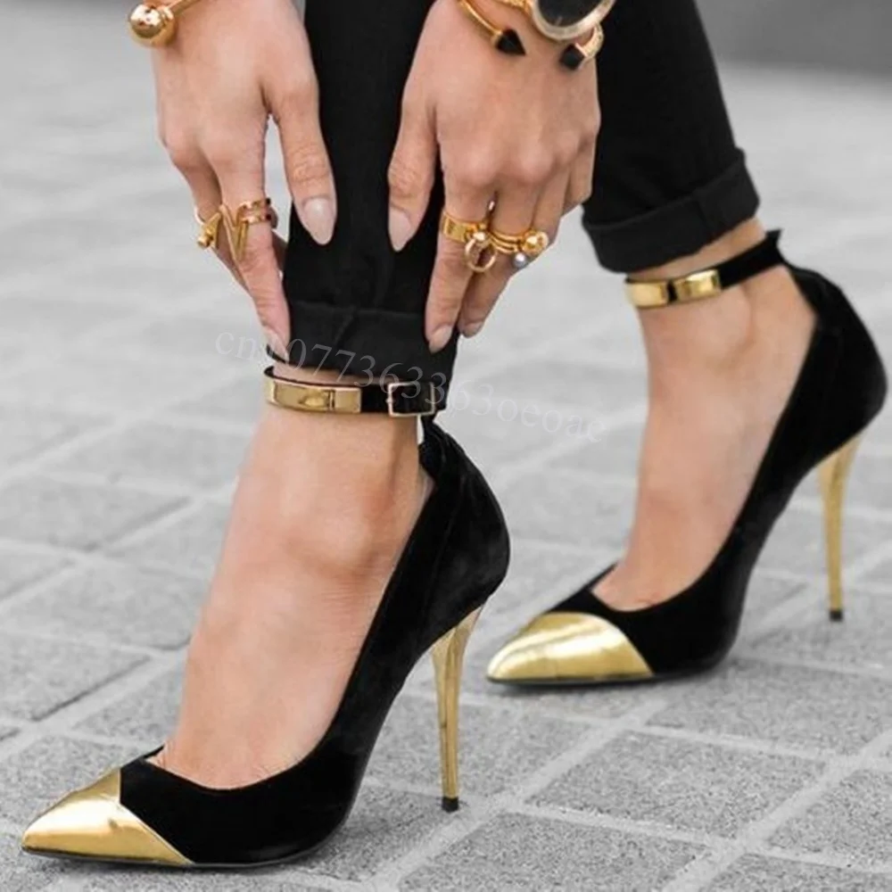 

Metal Heels Pointed Toe Pumps Shallow Ankle Strap Shoes for Women Suede Thin High Heels Fashion Shoes 2024 Zapatos Para Mujere