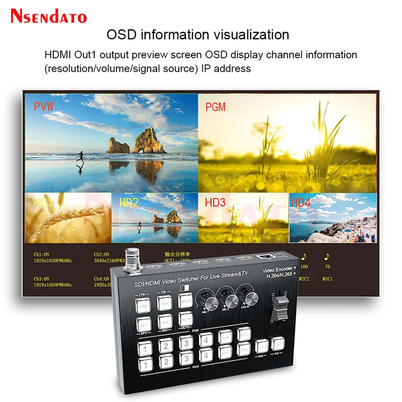 Codificador de vídeo H.265 SDI HDMI, conmutador mezclador para TV, transmisión en vivo, 4 canales, HDMI, vídeo, codificador continuo, interruptor de Director con PIP