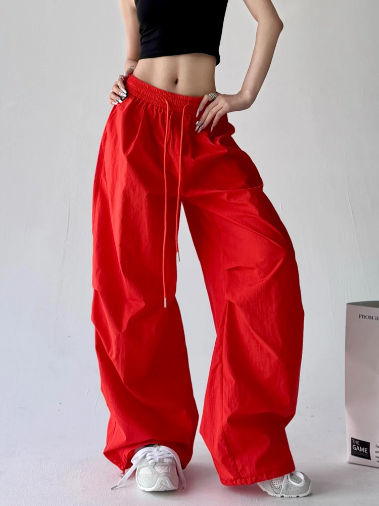 Eleganckie pomarańczowe spodnie robocze damskie na wiosnę i lato, cienkie, plisowane, z szerokimi nogawkami, codzienne spodnie, wygodne, luźny krój, wysoki stan, materiał nylonowy.