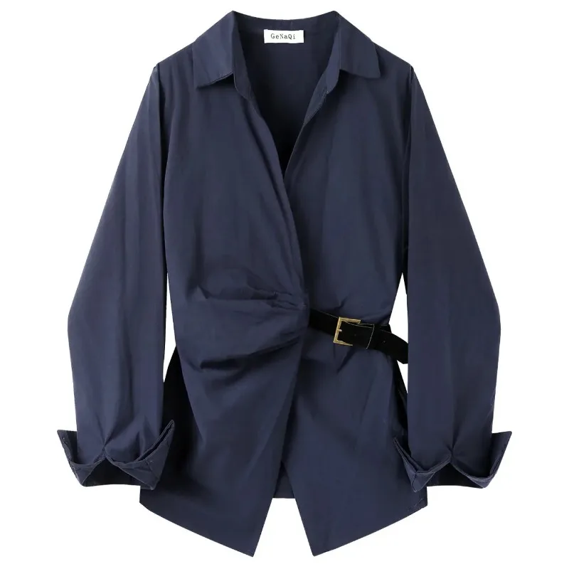 

Korean Style Temperament Waist Top for Women 2025 Spring Autumn New V-neck Commuting Fashion Long-sleeved Outer Shirt