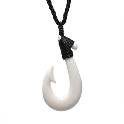 GX002 Handmade Men's Jewelry Primitive tribes New Zealand Maori Pendant Yak Bone Fish Hook Choker Womens Necklace for surfing