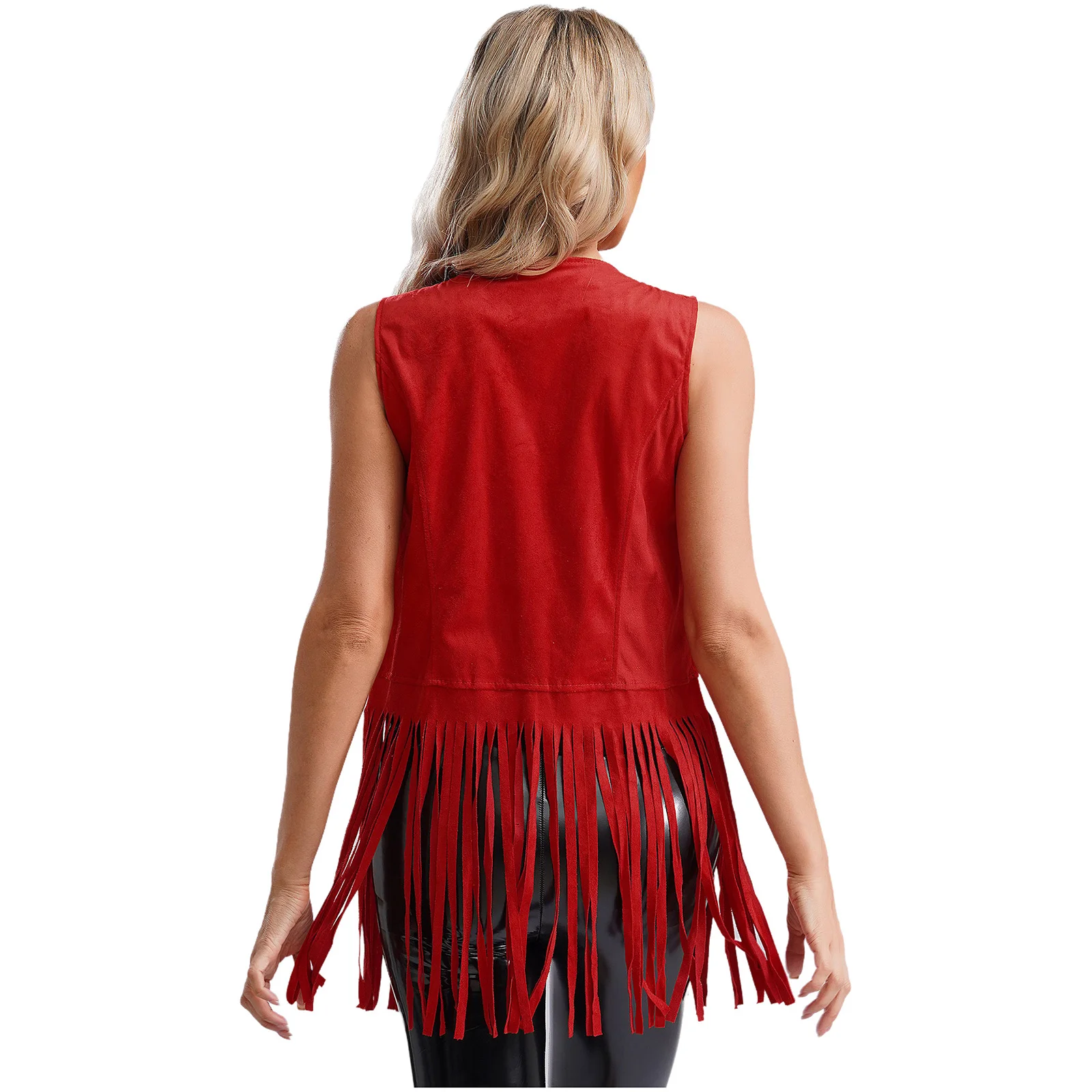 Womens Fringe Waistcoat Vest 70s Hippie Costume Sleeveless Cowgirl Western Solid Color Tassel Outerwear Cardigan Streetwear