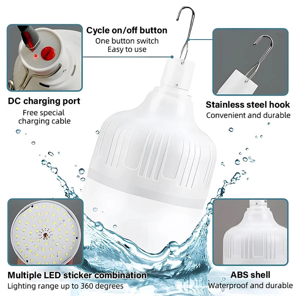 Portable Camping LED Lights Emergency Bulb Lights USB Rechargeable Bright Flashlight Outdoor Lantern with Hook