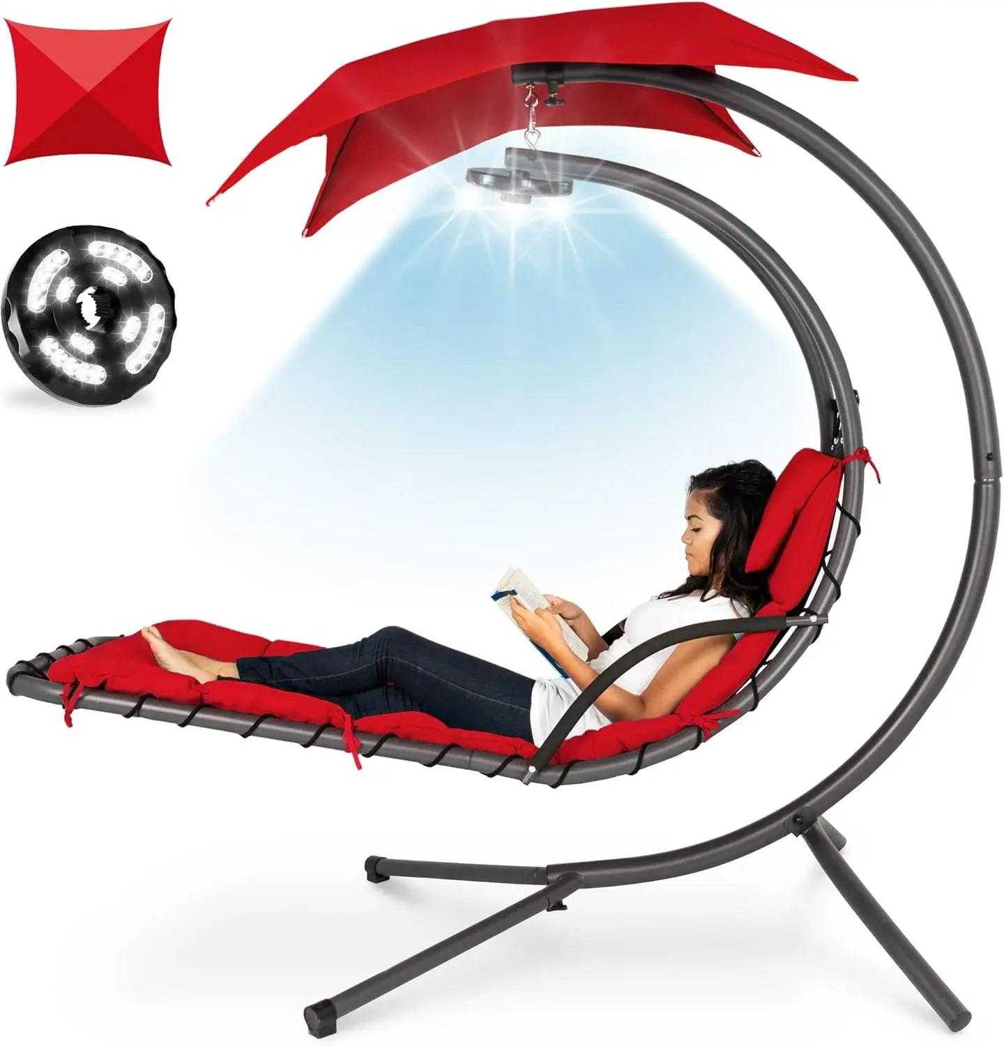 

Hanging LED-Lit Curved Chaise Lounge Chair Swing for Backyard, Patio, Lawn w/ 3 Light Settings, Weather-Resistant Pillow